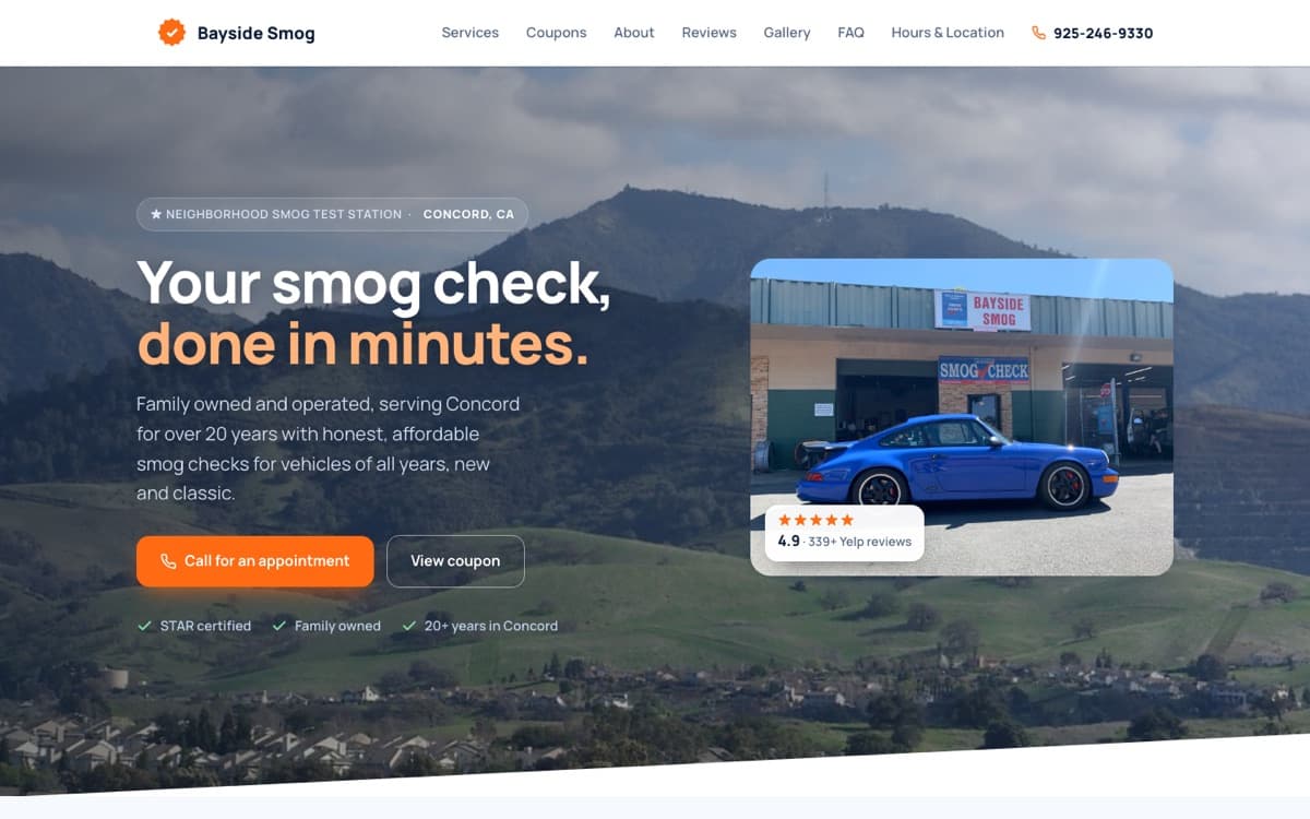 Bayside Smog website homepage with Mount Diablo background, built by Johnson Digital Solutions