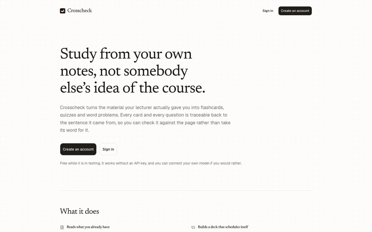 Crosscheck study app homepage built by Johnson Digital Solutions
